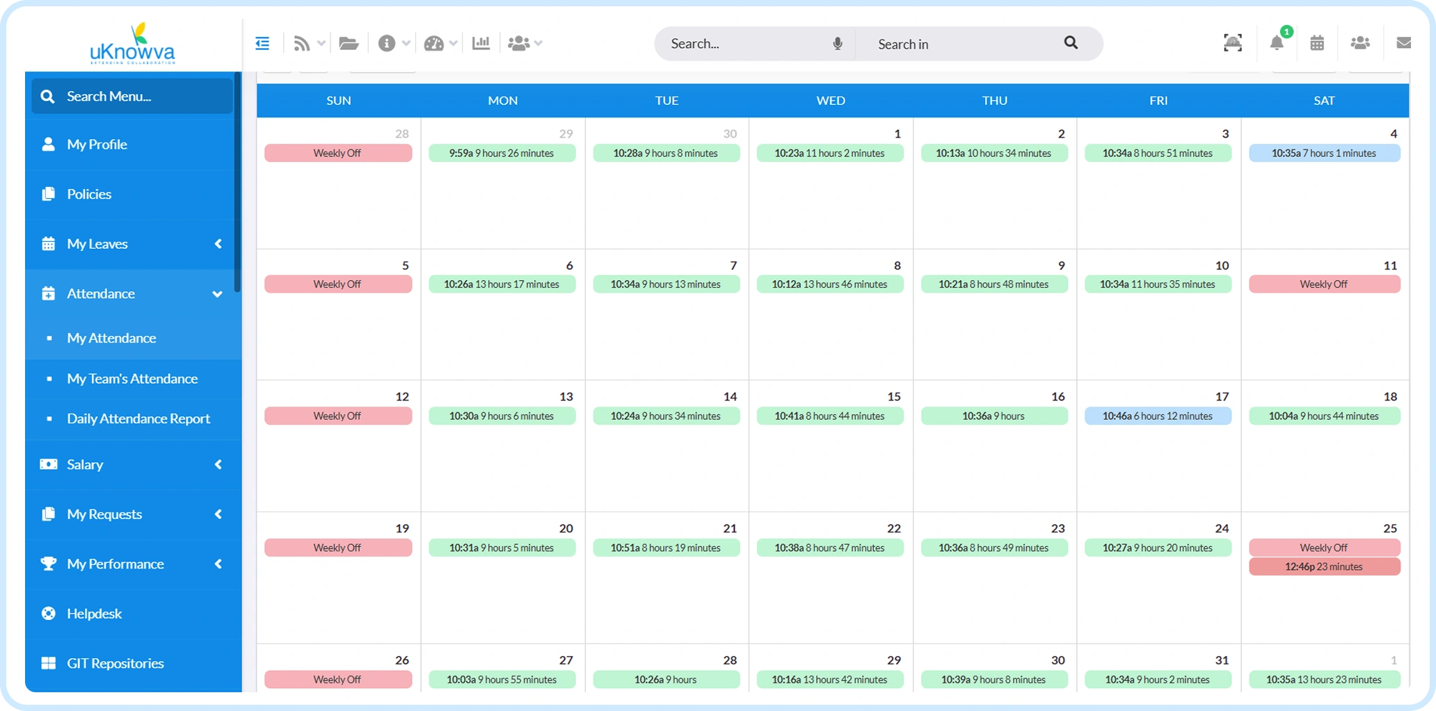 Attendance and shift calendar in uKnowva HRMS