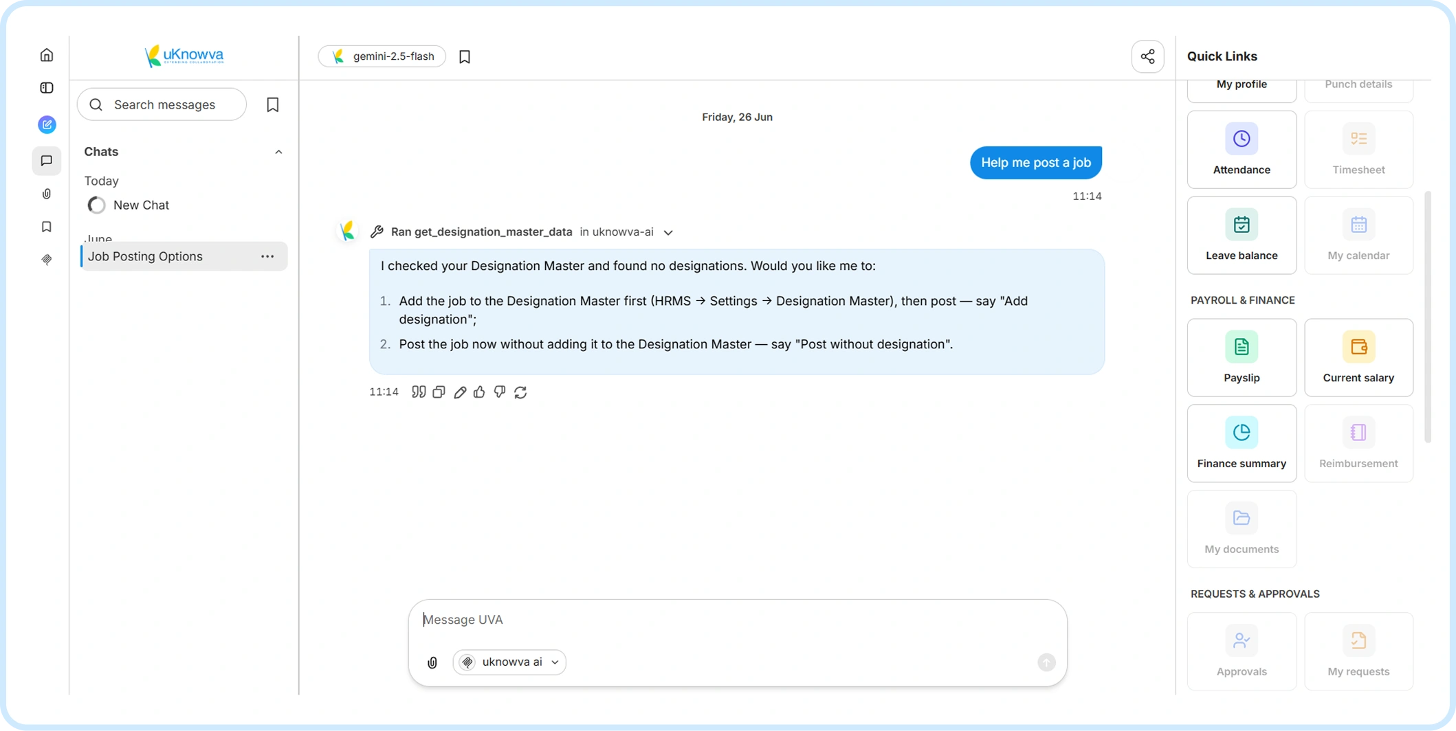 uKnowva AI assistant answering an HR request