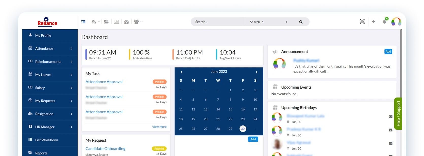 Reliance Retail uKnowva HRMS dashboard