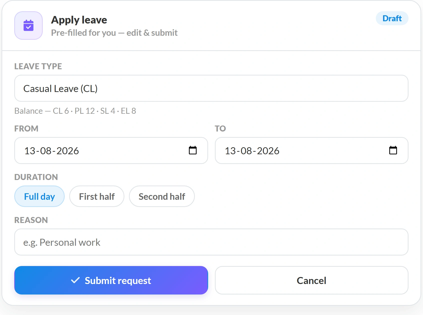 UVA replying with an apply leave draft form showing leave type, dates, duration and reason