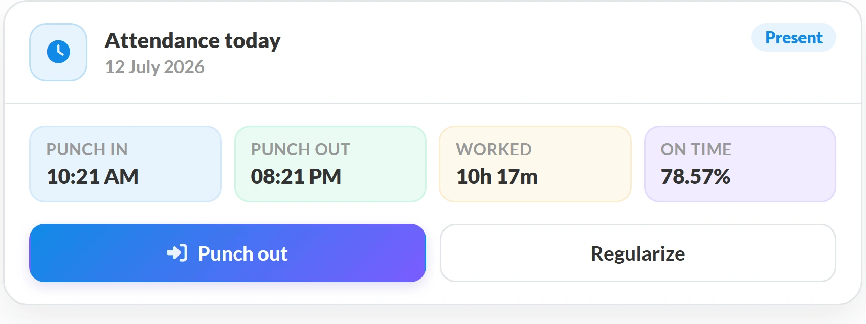 UVA replying in the chat with today’s attendance card showing punch in, punch out, hours worked and on-time percentage