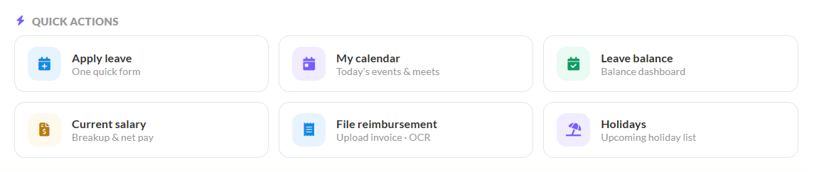 Quick actions menu in the UVA chat — apply leave, my calendar, leave balance, current salary, file reimbursement and holidays