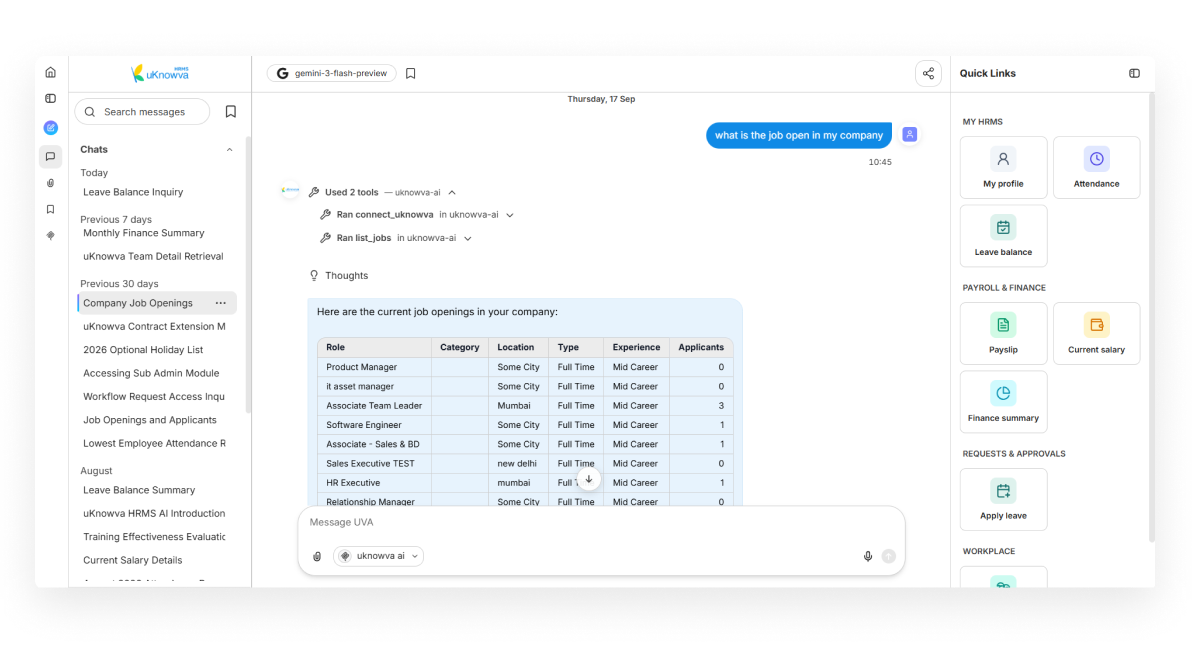 AI-powered HRMS chat assistant screenshot